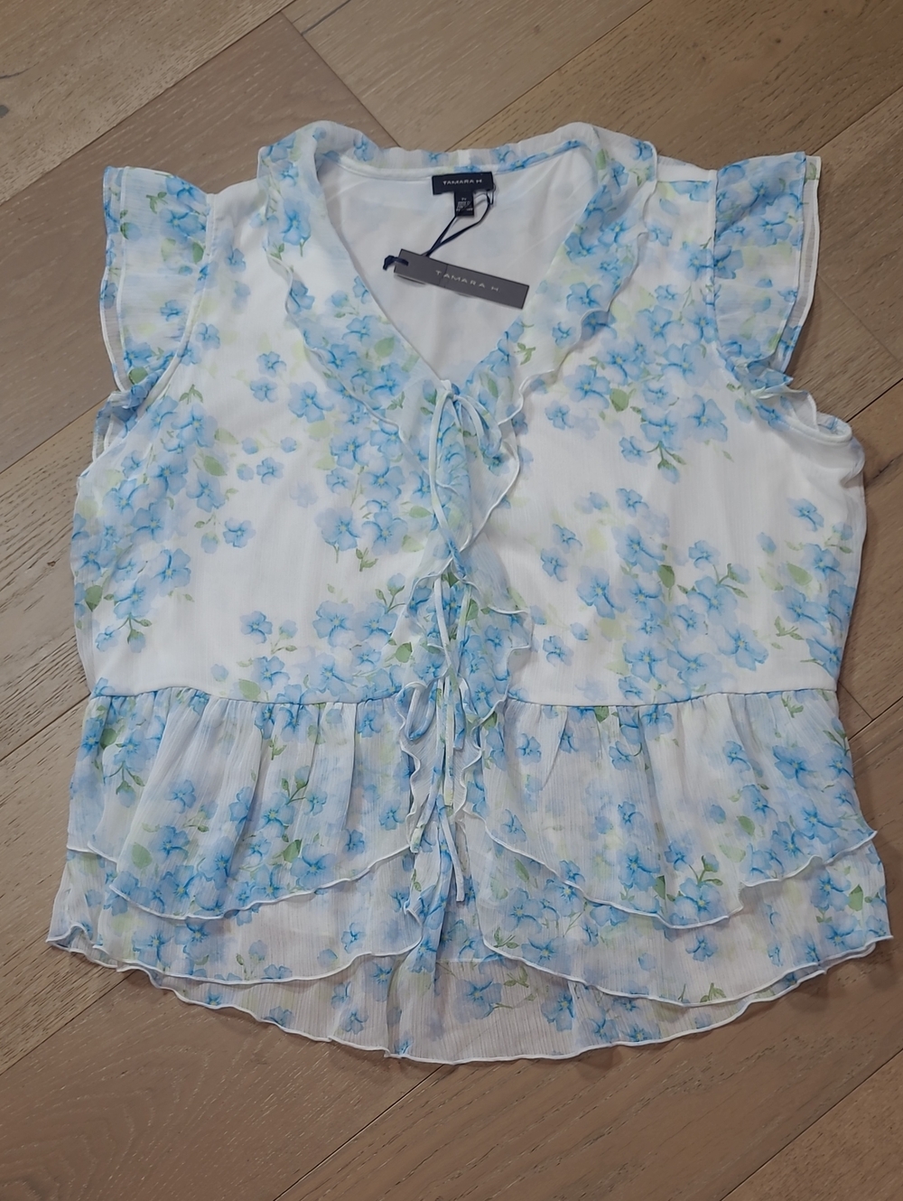 NWT Tamara H Floral Blouse Women's sz 2X Blue/White Sheer Floral Ruffle Top